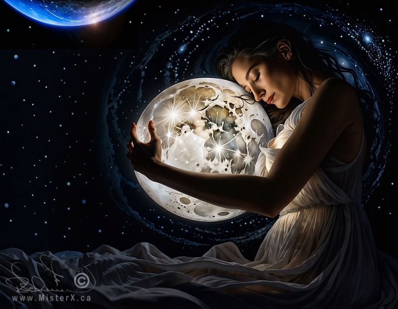 A woman in a flowing nightgrown is seen floating in space and hugging a lit up moon. There are stars and galaxies and the earth can be partially seen in the upper left hand corner.