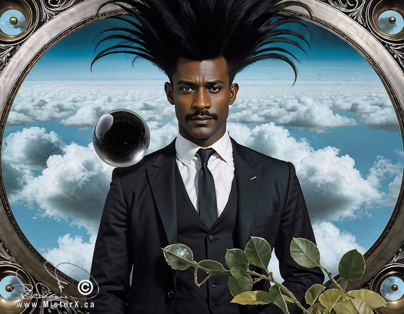 A handsome black man in suit stands in from of an oval frame. Behind him are clouds going off into the distance.