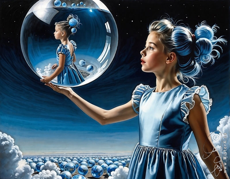 A young girls with blue hair and in a blue satin dress holds up a large glass bubble that shows a smaller similar girl inside it. The horizon is filled with other glass spheres and the gradient sky is black on top and slowly brightens as it goes down to the horizon.