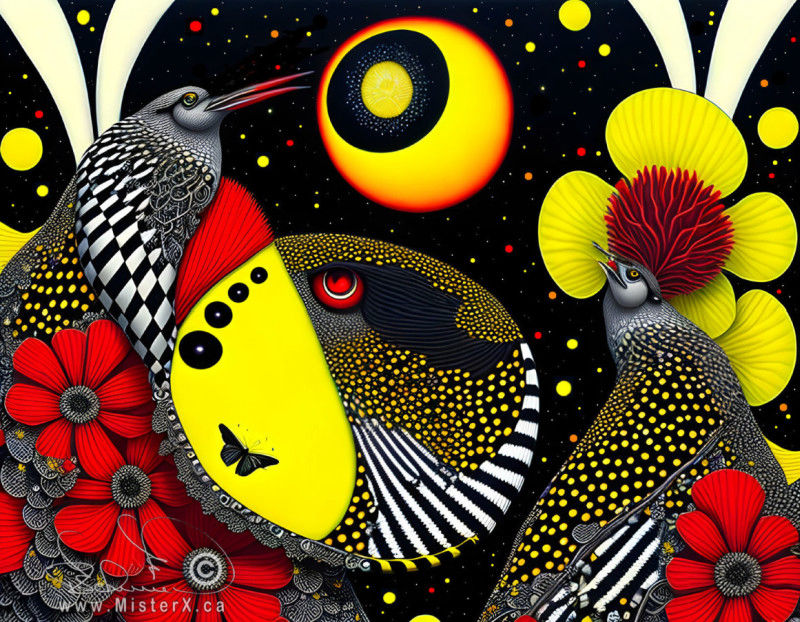 Two abstract and detailed birds face each other under a starry sky. Image is black and white and red and yellow.