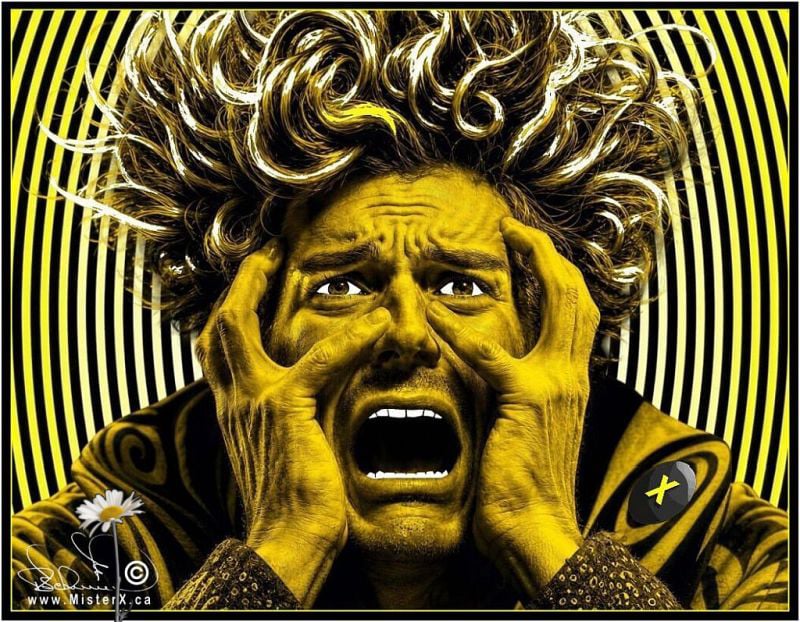 This image presents a stylized, high-contrast illustration in a dominant yellow and black color scheme, depicting a man in a state of intense distress or psychological agony. He is shown from the chest up, gripping his face with both hands, his mouth wide open in a dramatic scream, and his eyes wide with terror or despair under a mass of wildly messy, curly blonde hair. The background features a hypnotic, radiating pattern of concentric black and yellow rings that amplify the chaotic, dizzying mood of the piece. In the bottom left corner, a small, realistic white daisy with a green stem stands out against the dark clothing.
