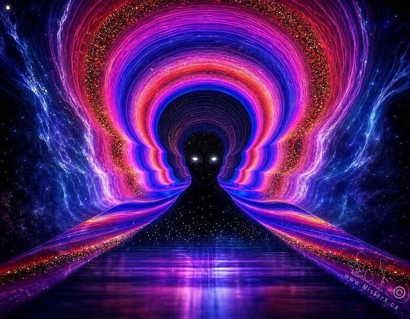 This vibrant psychedelic digital artwork depicts a dark silhouette of a human figure with glowing white eyes, filled with a starry cosmic pattern. The figure is centered at the end of a symmetrical pathway that reflects deep purples and blues on its surface. Radiating outward from behind the entity is a massive, multi-layered halo of concentric neon arches in shades of magenta, pink, orange, and blue, which blend into a surrounding nebula of cosmic dust and electric blue energy flares.