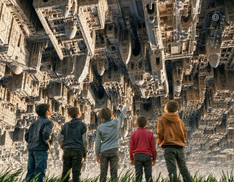This surreal artwork portrays five young boys standing in a row in a grassy field, looking upward at a massive, inverted cityscape that completely replaces the sky. The city above is incredibly dense, detailed, and monochromatic, featuring stone or concrete-like skyscrapers, arches, towers, and mechanical architectural elements that hang downwards in an inception-like twist of gravity.