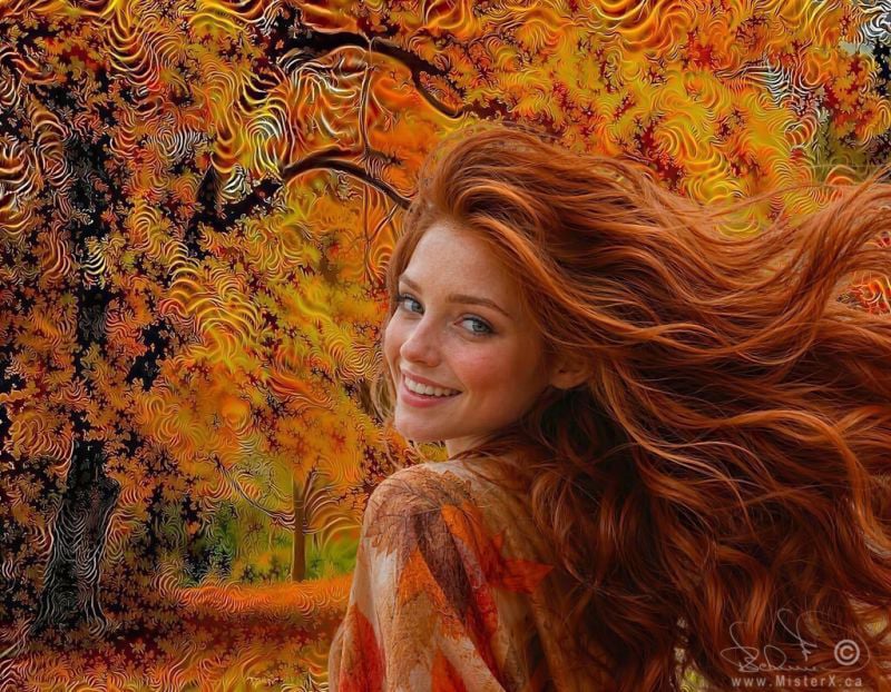 This vibrant image features a smiling young woman with long, flowing red hair looking back over her shoulder against a highly stylized autumn background. Her face is clear and detailed, showing freckles, bright eyes, and a joyful expression as her hair winds dramatically to the right. The background—depicting a tree and falling leaves in rich shades of orange, yellow, and red—is rendered with a distinct, swirling, psychedelic fractal pattern that gives the entire scene a dynamic, dreamlike texture.