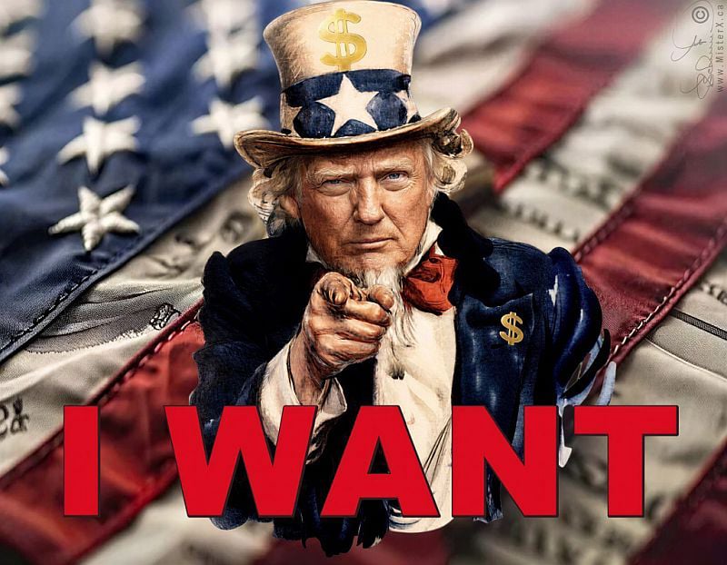 The symbolism in this image subverts traditional American iconography to comment on Donald Trump's political identity and core motivations. By replacing Uncle Sam's face with Trump's, the artwork blends the ultimate symbol of American civic duty and government authority with a highly specific, polarized political figure. The most significant shift comes from placing golden dollar signs onto the top hat and lapel, which shifts the character’s focus from national service to personal transactional gain. 