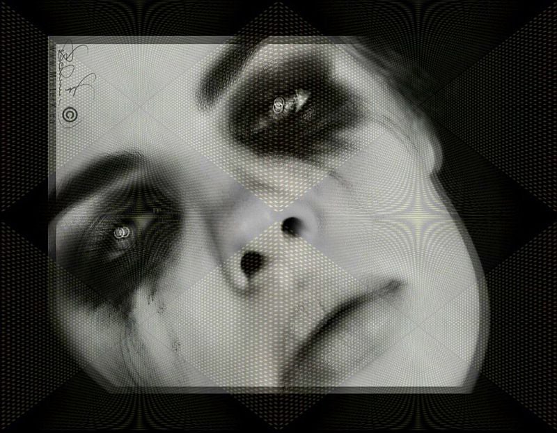 This close-up, black-and-white portrait features a person's face tilted slightly, characterized by dramatic, smudged black makeup around the eyes that creates a dark, haunting aesthetic. The individual's gaze is directed upward, with light catching the irises to give the eyes an intense, luminous quality amid the surrounding shadows. A subtle texture overlay resembles a fine mesh or grid pattern across the entire image.