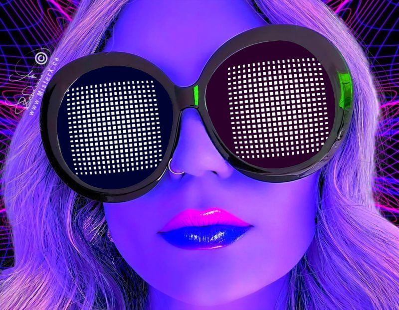 This vibrant, neon-soaked portrait features a close-up of a person immersed in a futuristic, synthwave aesthetic under intense UV or blacklight illumination. The subject has fair skin and blonde hair glowing in shades of violet and purple, set against a dark background accented by magenta grid lines. Dominating the upper face are oversized, round black sunglasses that display pixelated grids of bright white squares on the lenses, mimicking digital screens. The face is highlighted by a thin silver nose ring, while the lips are painted in a striking two-tone style—hot neon pink on the top lip and deep metallic blue on the bottom lip. A white signature and watermark reading "www.MisterX.ca" are visible in the upper-left corner of the composition.