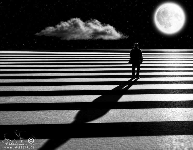 This black-and-white digital composite depicts a lone individual standing on a surreal landscape defined by alternating wide horizontal black and white stripes that stretch to a flat horizon. The person, viewed from behind, casts a long, distorted shadow forward into the foreground across the striped ground. Above the horizon lies a dark, starry night sky featuring a single, elongated cloud floating to the left and a large, glowing full moon positioned on the right. A stylized signature and copyright watermark for "www.MisterX.ca" are visible in the bottom-left corner of the frame.
