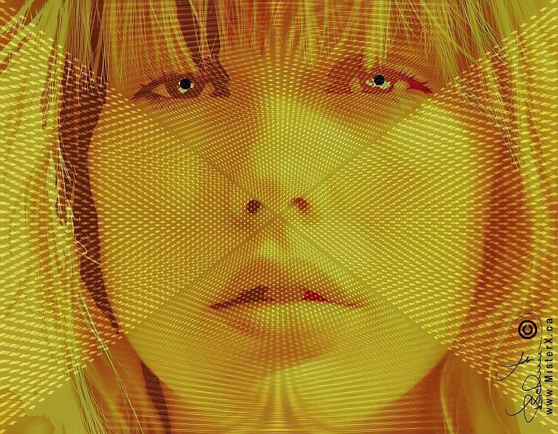 This image is a stylized digital artwork featuring a close-up portrait of a person's face, rendered in a warm, monochromatic palette dominated by yellow, gold, and orange tones. The entire composition is overlaid with an intricate, geometric pattern of concentric lines and radiating dots that create a hypnotic, moiré or optical illusion effect centered around the bridge of the nose. The subject has dark, expressive eyes staring forward and straight hair with bangs framing the forehead, though the heavy graphic overlay blurs the fine details of their features. A artist's signature and a website watermark ("www.MisterX.ca") are visible in the bottom right corner.