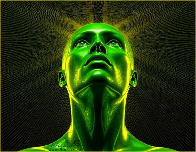 A low-angle, symmetrical digital artwork depicts a glossy, bright green human head and neck looking upward against a dark background filled with radiating lines. The figure features a smooth, metallic or plastic-like texture with subtle fluid swirling patterns embedded across the skin, reflecting sharp yellow highlights from an overhead light source. Beams of vibrant yellow light burst outward from behind the top of the head like a glowing halo, transitioning into a dense network of fine, golden geometric lines that stretch toward the edges of the frame. The figure's green eyes look directly toward the overhead glow, and a stylized signature alongside the text "www.MisterX.ca" is positioned in the lower-left corner of the chest.