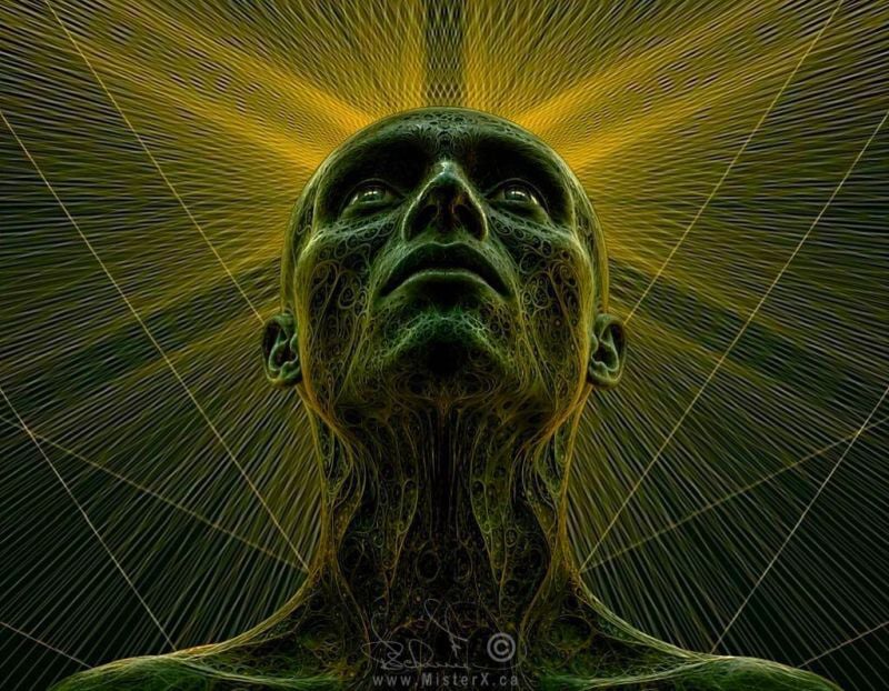 A low-angle, symmetrical digital artwork depicts a textured human head and neck looking upward, centered against a dark background filled with radiating geometric lines. The figure features complex, swirling green patterns that resemble biological or filigree textures across its skin, with highlighted facial structures reflecting a bright yellow glow from above. Beams of yellow light explode outward from behind the top of the head like a halo, transforming into thousands of fine green and golden lines that extend to the borders of the frame. The figure's eyes look toward the light source, and a faint signature with the website text "www.MisterX.ca" is visible at the bottom center of the chest.