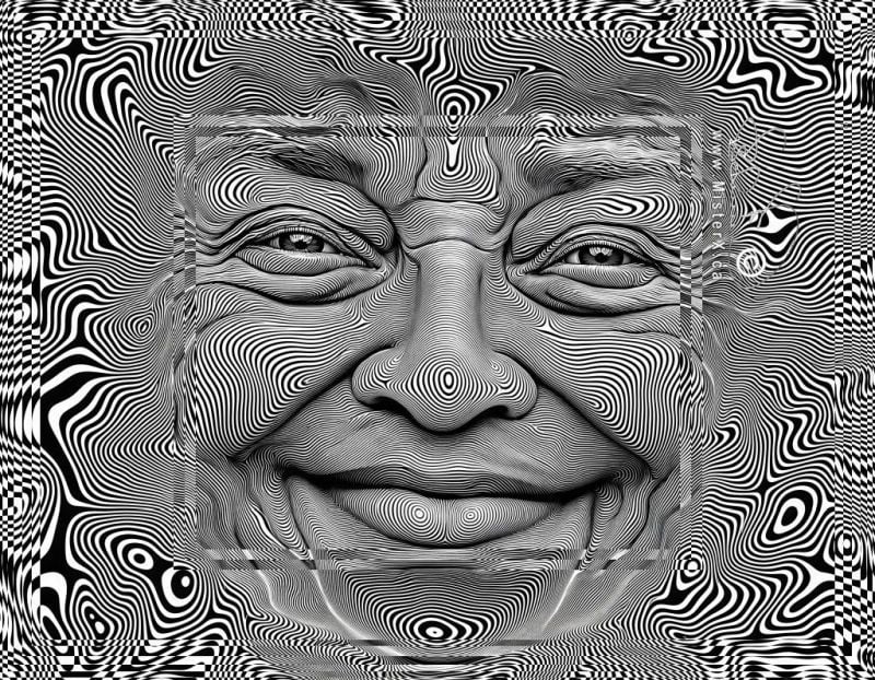 A face emerges from a psychedelic black and white moire patterned background.