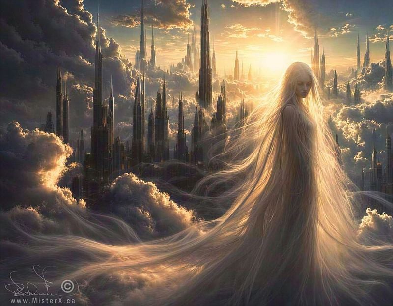 A vast city is seen being engulfed by clouds and in the forefront a hauntingly beautiful wispy spirit-like woman. 