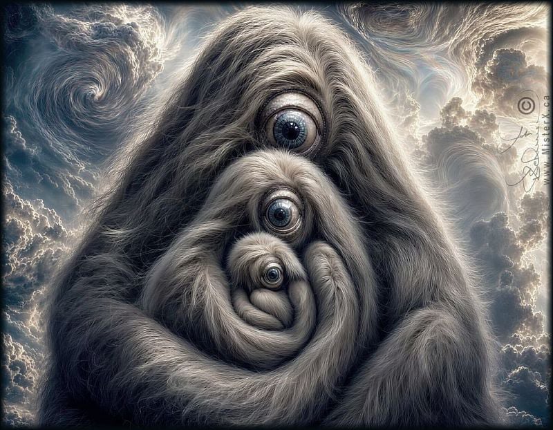 Three furry one-eyed beings are seen embracing each other with a cloudy sky background.
