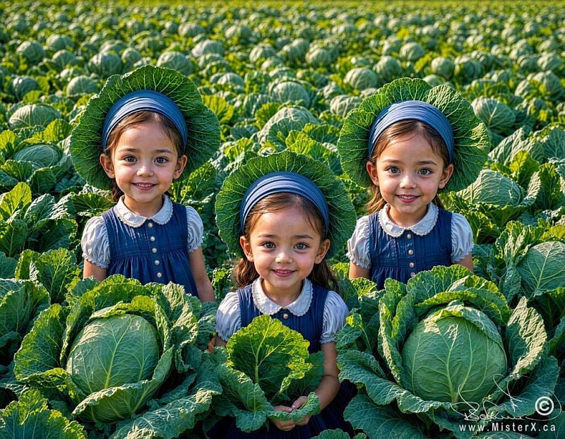 Three adorable little girls are seen standing in a vast cabbage field, they wear little hats constructed from cabbage leaves.