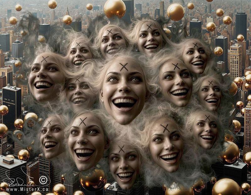 Against a bust metropolis background, 14 smiling female heads with a letter "X" on their foreheads can be seen emerging from a cloud of smoke.