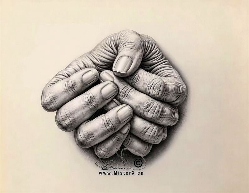 Pencil drawing of two conjoined hands, joined at the thumb, which both hands share.