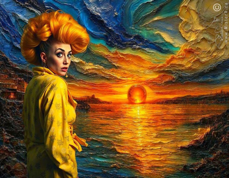 A woman in yellow looks over her shoulder at the viewer and is located in an amazing dimensional painting of a sunset.