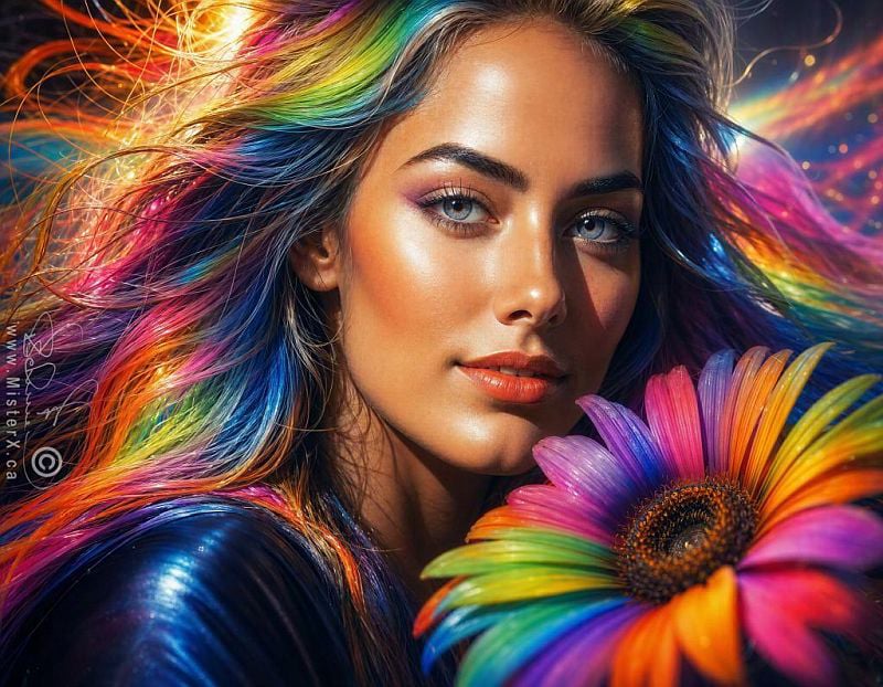 A woman with rainbow coloured hair is seen in front of a large daisy-like flower with rainbow coloured petals.