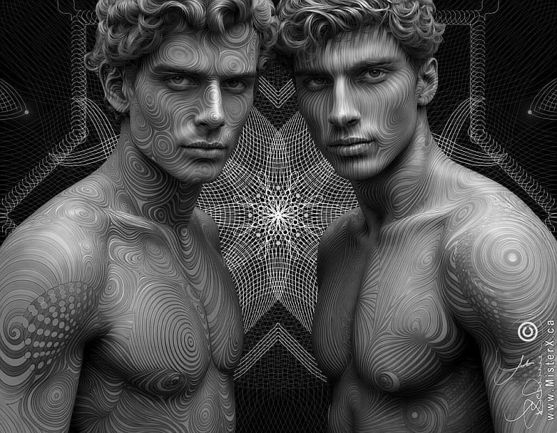 Black and white image shows twins covered in different patterns and standing in front of a mandala created from thin white lines.