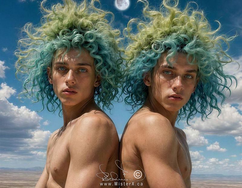 hyperrealistic photograph of Two shirtless attractive young identical twin males who are sitting back-to-back and are looking at the viewer. They both have huge improbable green and blue unruly hairdos, and the background shows a blue sky some clouds and an endless plain going off into the distance.