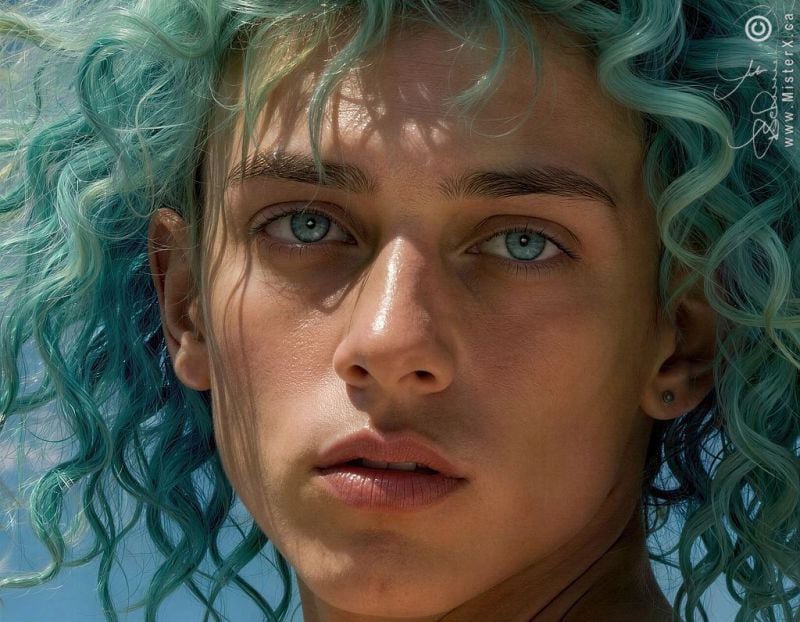 hyperrealistic photograph of an attractive young attractive male who is looking at the viewer. he has a huge improbable green and blue unruly hairdo.