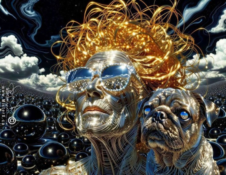 A woman and a pug dog that are composed of wires are seen side by side against a psychedelic background of wispy clouds and shiny sheres.