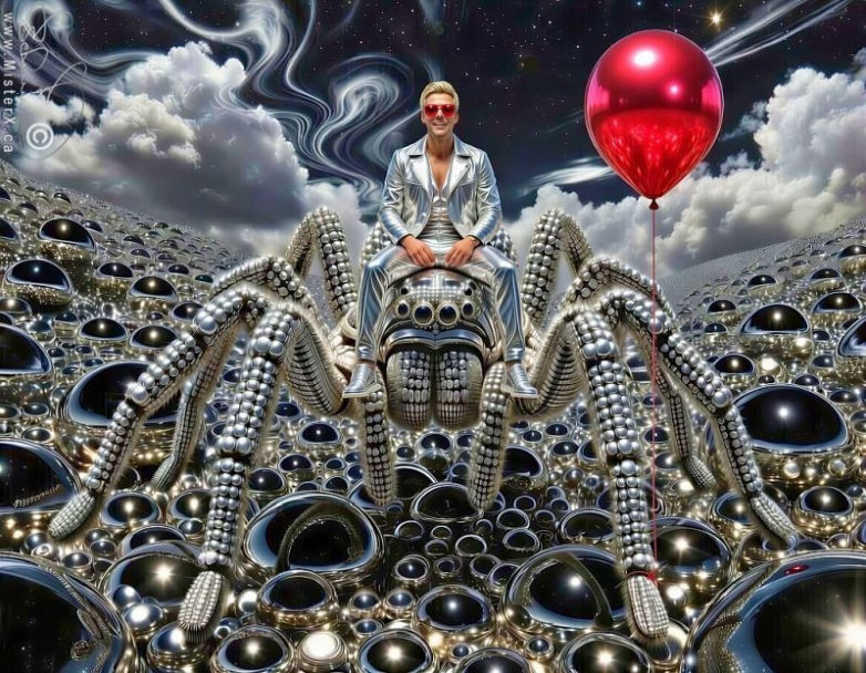 A man rides upon a giant chrome tarantula across a landscape covered in shiny orbs.