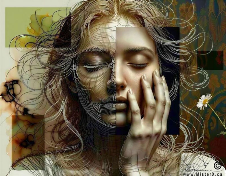 a woman with closed eyes has hand on face, which is half normal and other half covered in wires.