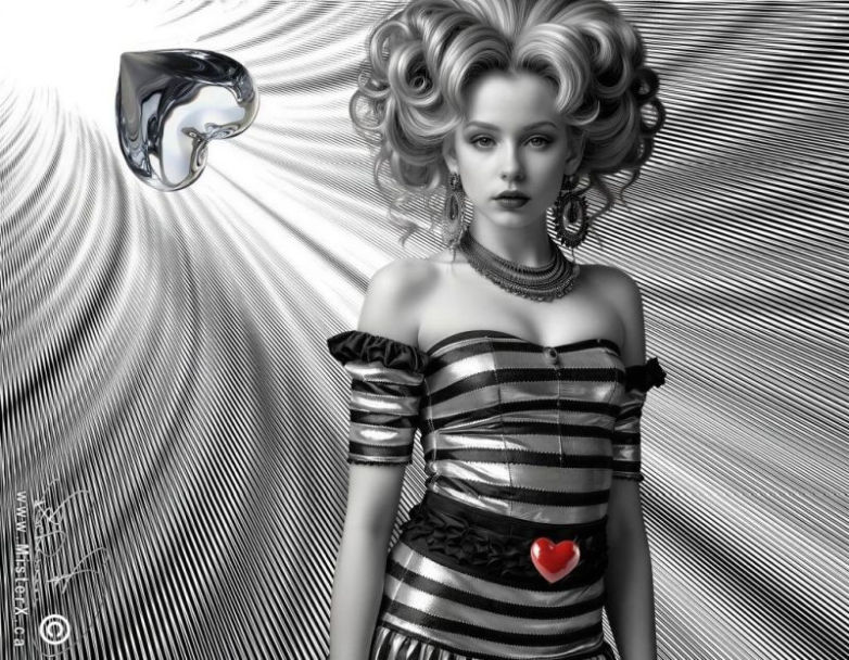 Young woman stands against a Moiré patterned background. She is in black and white, as is the background, and she wears a red heart on her belt.
