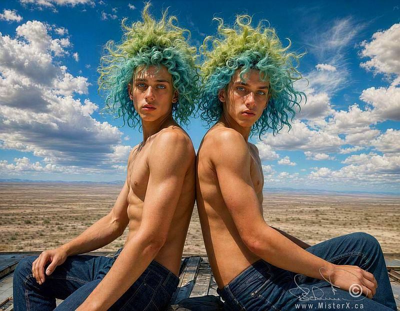 hyperrealistic photograph of Two shirtless attractive young identical twin males who are sitting back-to-back and are looking at the viewer. They both have huge improbable green and blue unruly hairdos, and the background shows a blue sky some clouds and an endless plain going off into the distance.