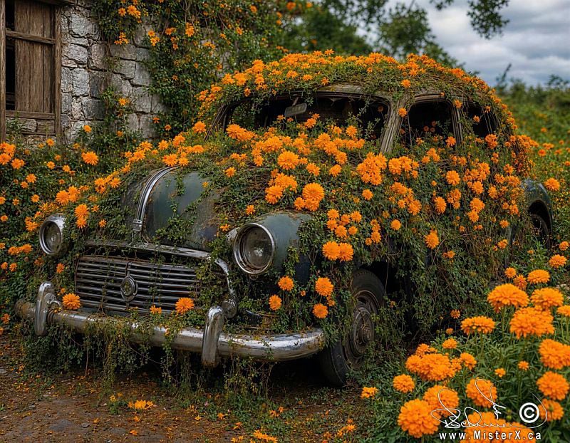 A hyperrealistic photograph of an old abandoned automobile that has been taken over by marigold flowers that are growing all over it.
