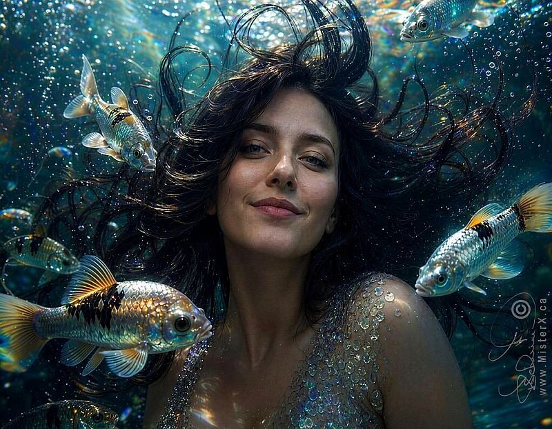This smiling woman is underwater, her hair floating in all directions. She is looking at the viewer with a knowing expression of coyness on her face. She is surrounded by realistic inquisitive fishes that are checking her out closely