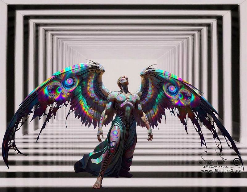 A winged figure is seen kneeling in a black and white striped hall, looking upward at something off screen. His wings are rainbow coloured and psychedelic with fractal patterns. 