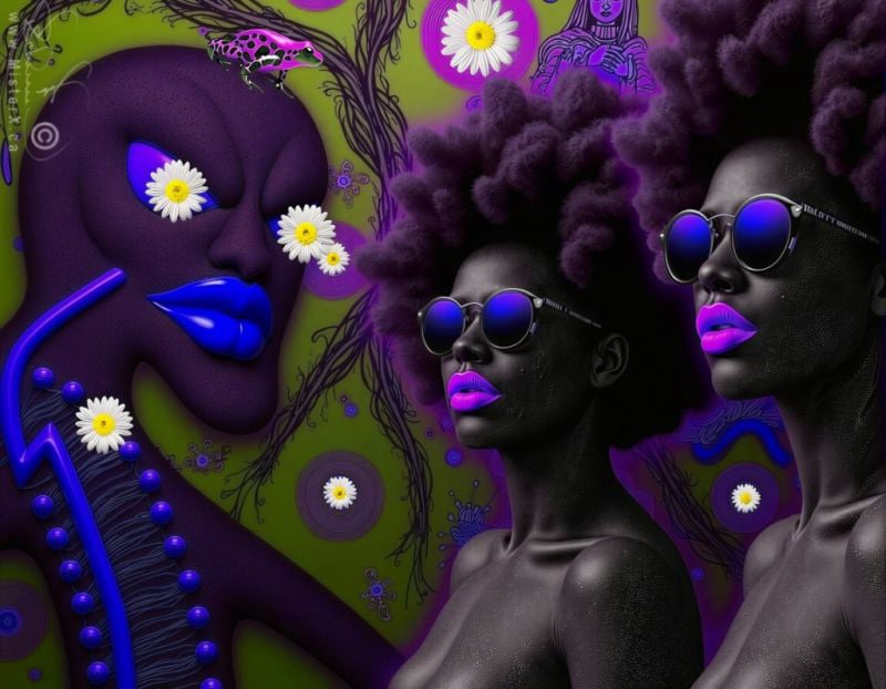 A strange cartoon-like character with daisy flower eyes is seen beside two African woman wearing sunglasses. 