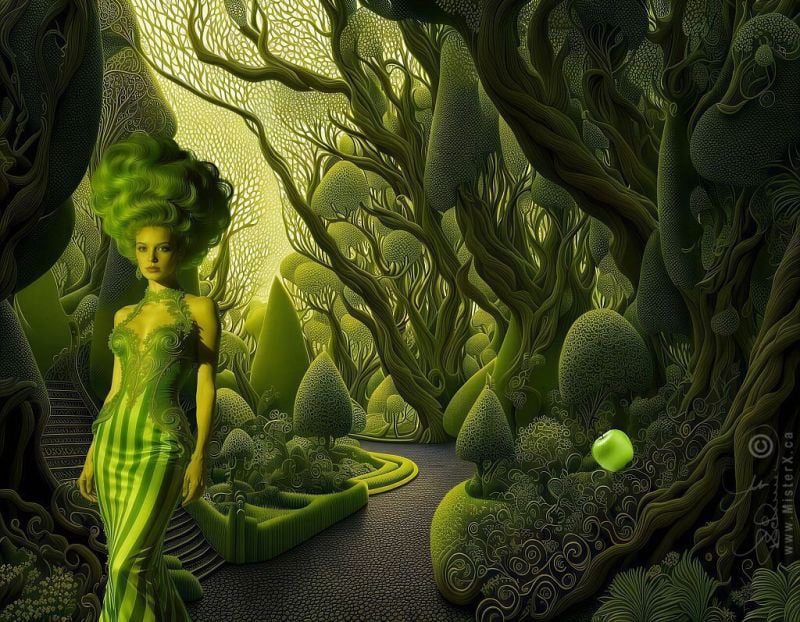A sultry woman wearing striped emerald green gown has a large upswept green hairdo and is seen in a surreal green garden.