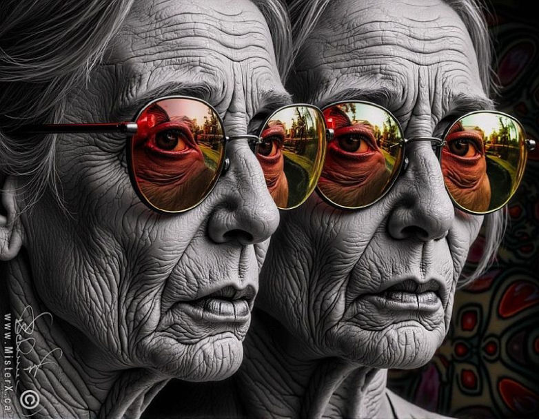 Two copies of the same older woman's face appear side by side. Image is black and white, except for full coloured sunglasses.