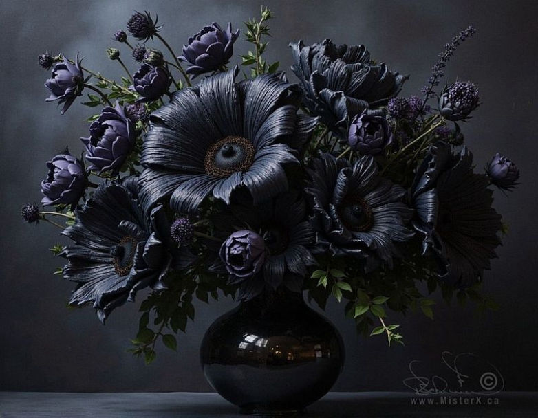 Dark composition of a black bouquet in a light reflecting vase.