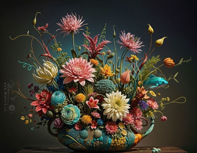 Colourful biomorphic floral bouquet with gradient background and a fish.