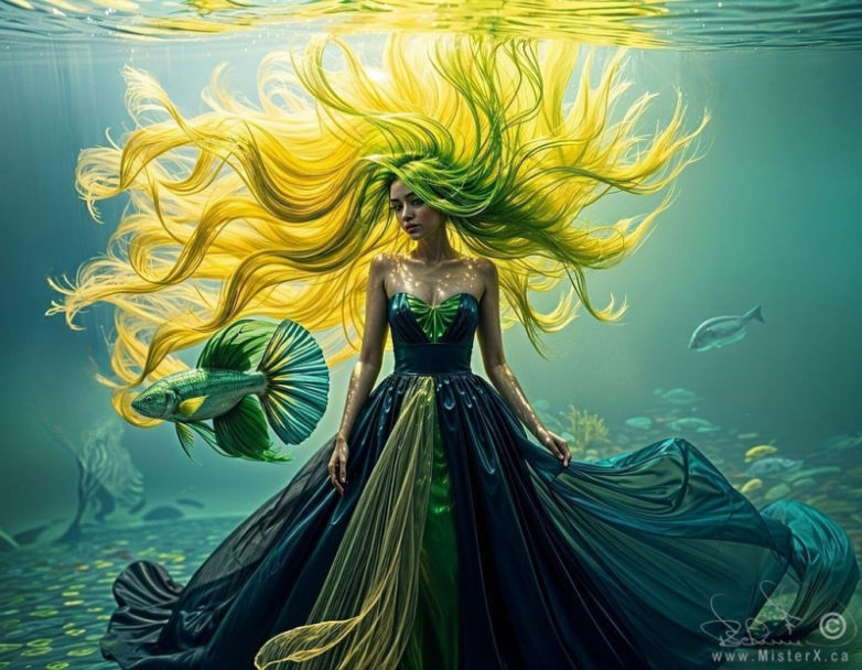 A woman is underwater, her gown and hair flowing wildly in the water, watches a beta fish swimming by.
