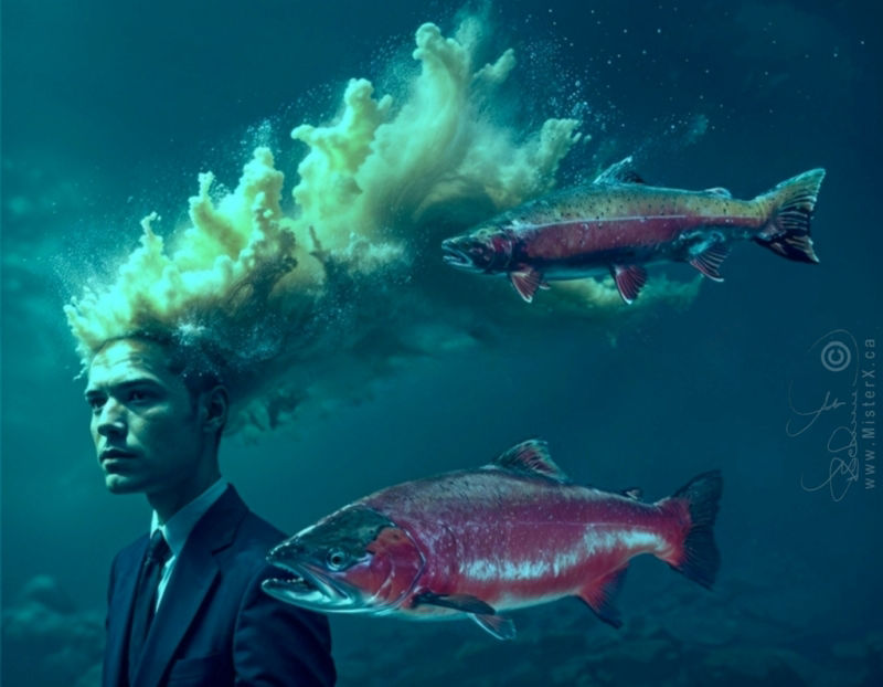 A man in a suit is seen underwater with salmon that are in their red spawning colours. A cloud of what appears to be salmon sperm emantes from his head.