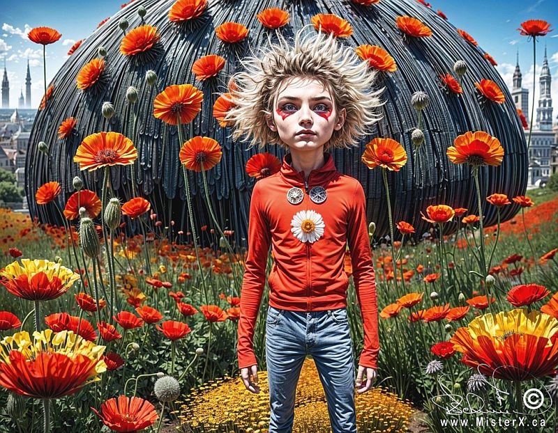 A young person with a crazy spiked hairdo eXplores a landscape with a large egg shaped rock formation and giant orange flowers.
