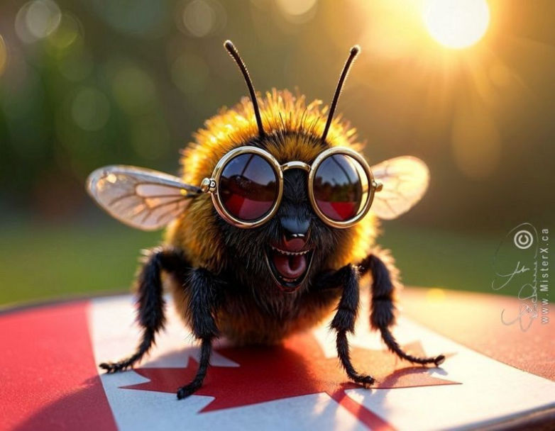 A happy bumblebee with a human smile and reflective glasses stands upon a Canadian flag on a table.