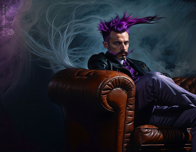 A man with purple hair and a beard can be seen sulking in a leather recliner chair. Behind him is purple and blue mist in a dark background.