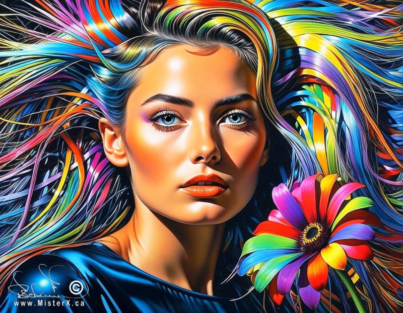 A woman has a huge rainbow coloured hairdo that fills the canvas. A rainbow coloured daisy is seen in the forefront.