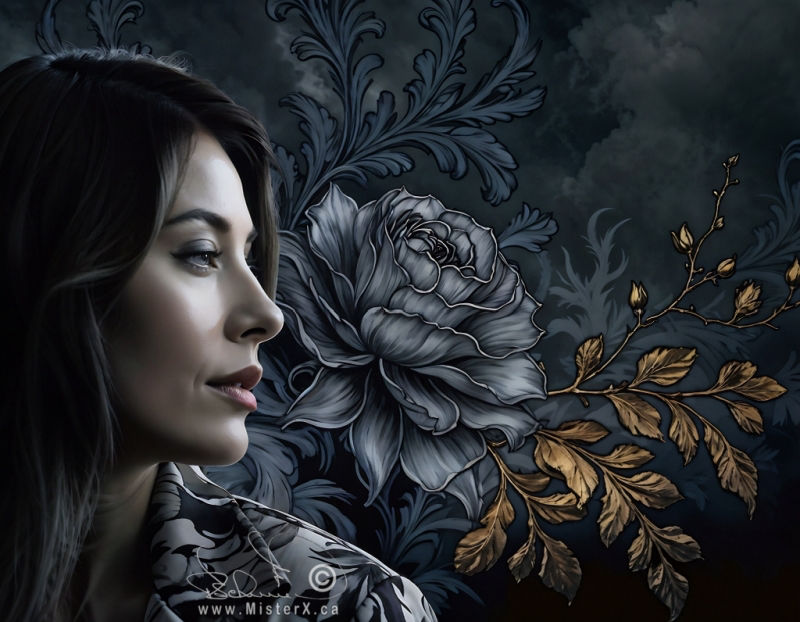 On the left side is a profile of a woman looking towards the right. The background is made up of grey and gold colored flowers and leaves.