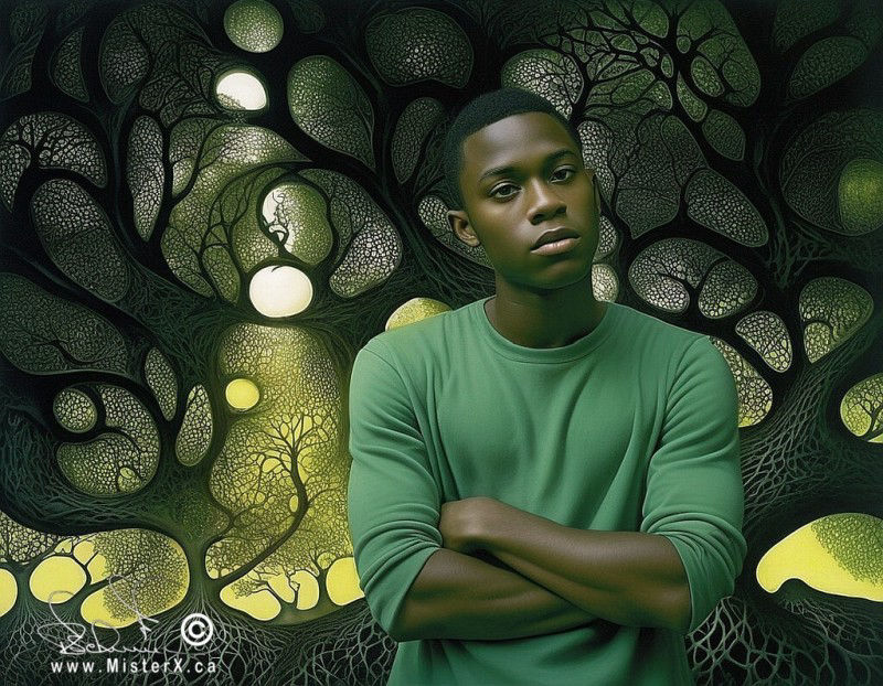 A handsome young black artist is seen with arms crossed and wearing a green shirt. Behind him is a surreal and abstract forested setting that is dark green with hints of sunlight.