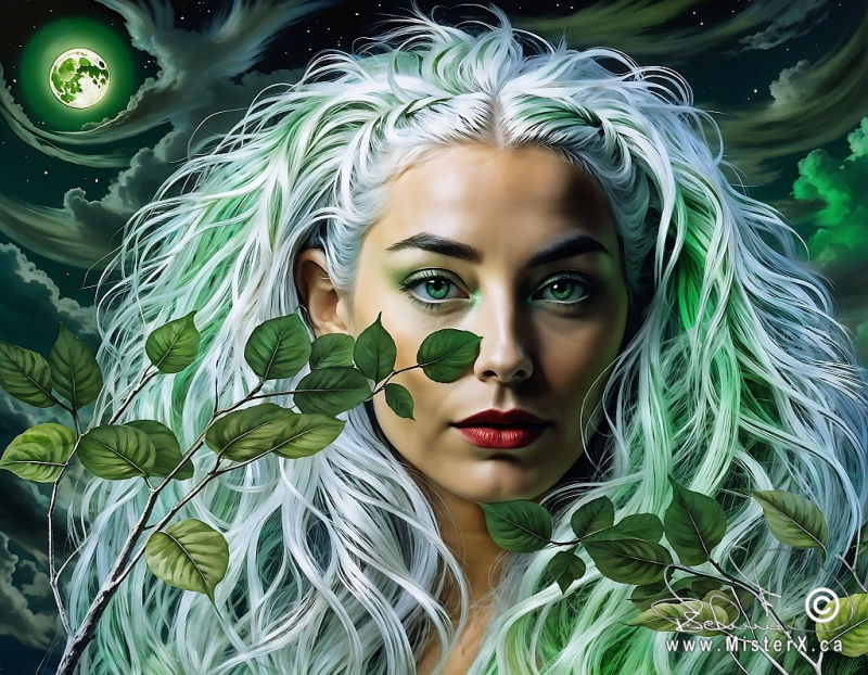 A beautiful woman's face is centered on the canvas, she has a large unruly whate hairdo with green highlights and there are branches with leaves in front of her. In the background is a night sky with a green full moon and wispy green lit clouds.