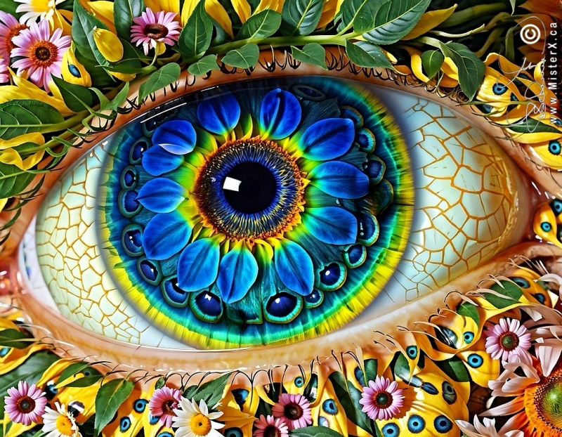 A large eyeball is centered in the picture, surrounded by flowers and leaves. The iris and pupil of the eye are also made from a flower and flower petals.