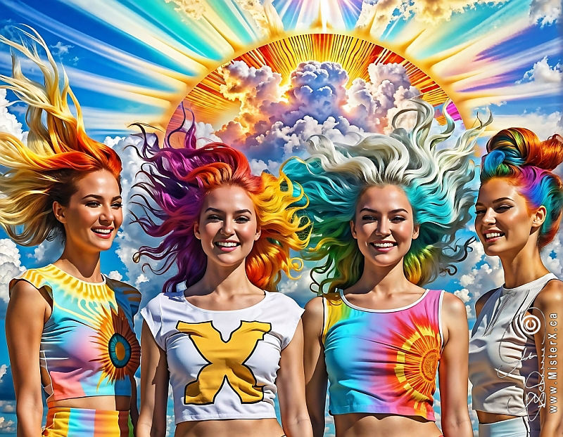 Four beautiful young sisters with wind blown multi-coloured hair are seen against a cloudy blue sky and psychedelic sun with sun-rays.